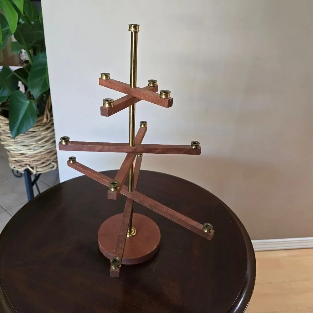 Vintage MCM Wood Candeladrum Folding Brass Accents Made In Japan‎